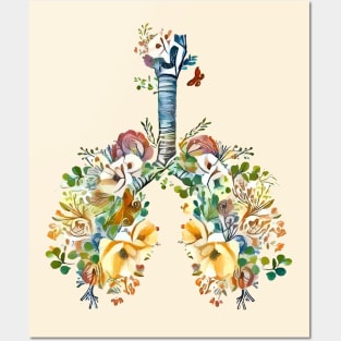 Lungs with wild flowers watercolor shades of jellow, green and sand Posters and Art